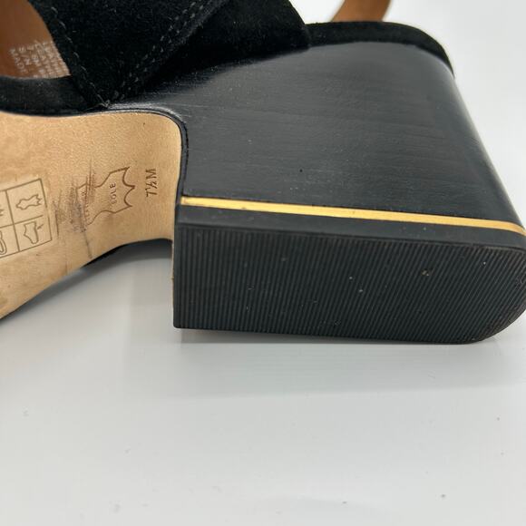 Tory Burch Selby Slingback Wedge Sandals 7.5 Black Suede Leather Gold Buckle - Picture 6 of 16